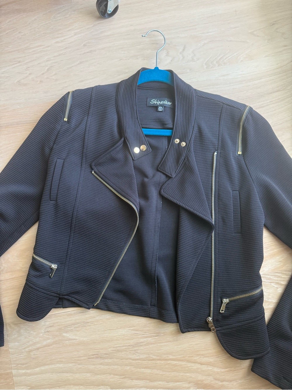 Shinestar Black Textured Bomber Moto Jacket with Gold Hardware